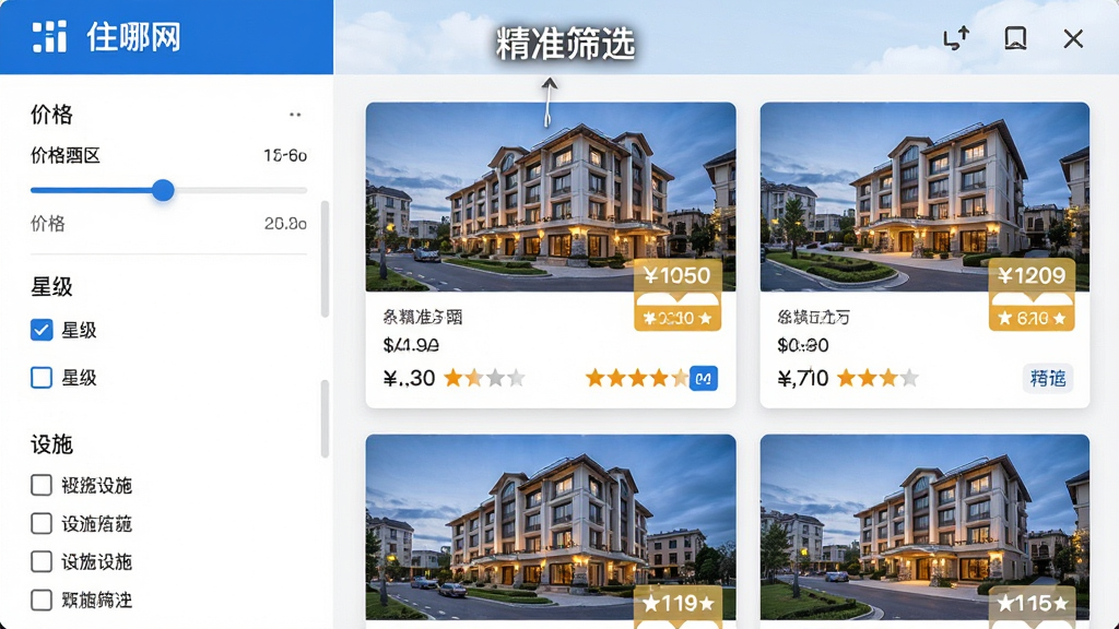 展示住哪网酒店预订桌面版的筛选功能界面,左侧有价格区间滑块、星级勾选、设施选项,右侧呈现筛选后的酒店列表卡片,卡片上有酒店外观图、价格标签和评分星星,界面以蓝白配色为主,整体干净明亮,排版整齐,高清画质,细节丰富,无多余元素,文字标注“精准筛选”