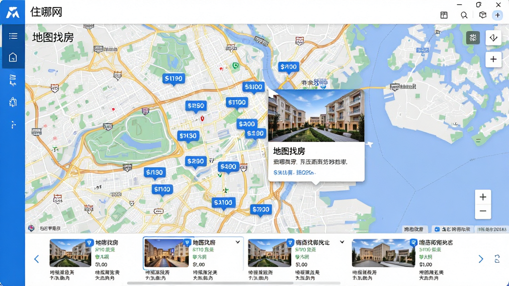 展示住哪网酒店预订桌面版的地图找房功能,界面中央为城市地图,地图上标有多个蓝色价格标签,点击其中一个弹出酒店简介卡片,界面底部有酒店列表横滑栏,整体蓝白配色,地图清晰,细节丰富,排版合理,高清画质,无多余元素,文字标注“地图找房”