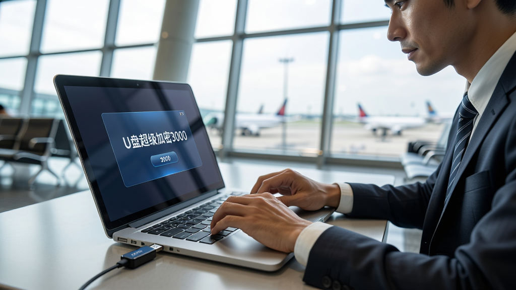 一位商务人士在机场候机厅中使用笔记本电脑,手中拿着一个U盘插入USB接口,屏幕上显示“U盘超级加密3000”的操作界面,背景为明亮的机场玻璃窗,人物侧脸专注,整体风格现代商务,画面干净明亮,无多余元素。