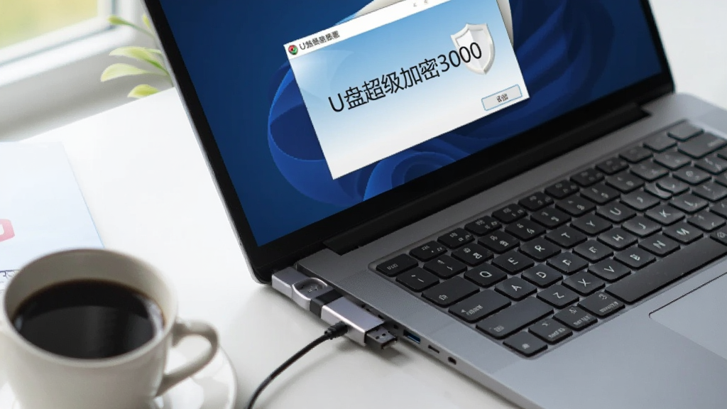 一台笔记本电脑的USB接口上插着一个U盘,屏幕显示“U盘超级加密3000”软件界面,旁边有一杯咖啡,整体为俯拍角度,办公桌面风格,光线自然,画面干净,突出移动办公使用场景,无多余元素。