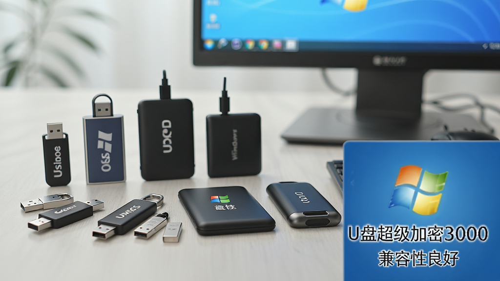 一张桌子上摆放着各种品牌和型号的U盘、移动硬盘,背景中有一个电脑显示器,屏幕右下角显示“U盘超级加密3000”兼容性良好,界面上有Windows系统图标,整体风格写实,光线柔和,突出硬件兼容性,画质干净清晰,无多余元素。