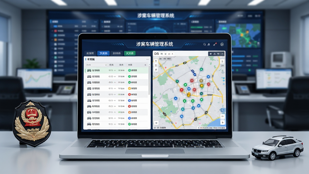 主视觉图,画面中央是一台打开的笔记本电脑,屏幕显示“涉案车辆管理系统”驾驶舱界面,左侧为车辆列表与状态标签,右侧为GIS地图车辆分布点,桌面摆放警用徽章与车辆模型,背景为现代化指挥中心大屏,布局稳重,风格写实商务,细节清晰,画质干净,无多余元素