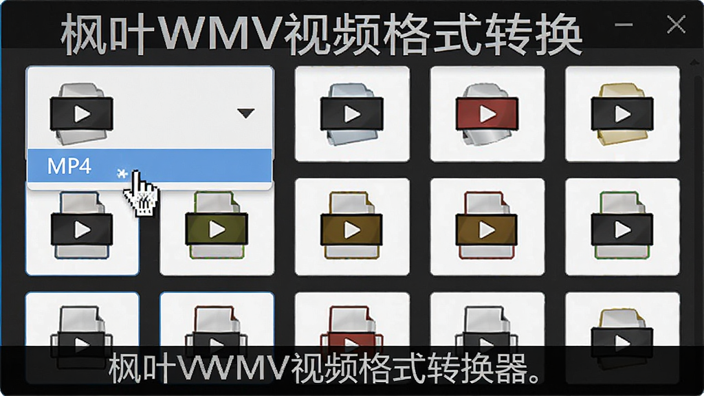 主体:格式选择界面截图,布局:下拉菜单展示多种视频格式图标,排版:网格状排列,风格:简洁商务,细节:鼠标悬停在“MP4”选项上,画质:清晰锐利,文字标注“枫叶WMV视频格式转换器”,干净背景