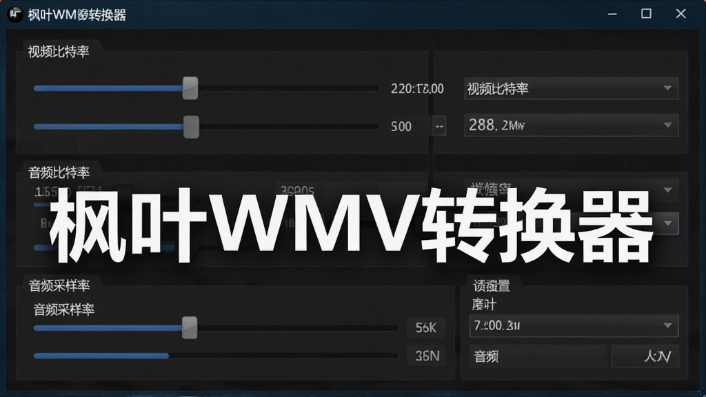 主体:高级参数设置窗口,布局:滑块与下拉菜单组合,排版:分组排列,风格:深色主题专业风,细节:标注“视频比特率”“音频采样率”,画质:高对比度,文字“枫叶WMV转换器”,干净界面