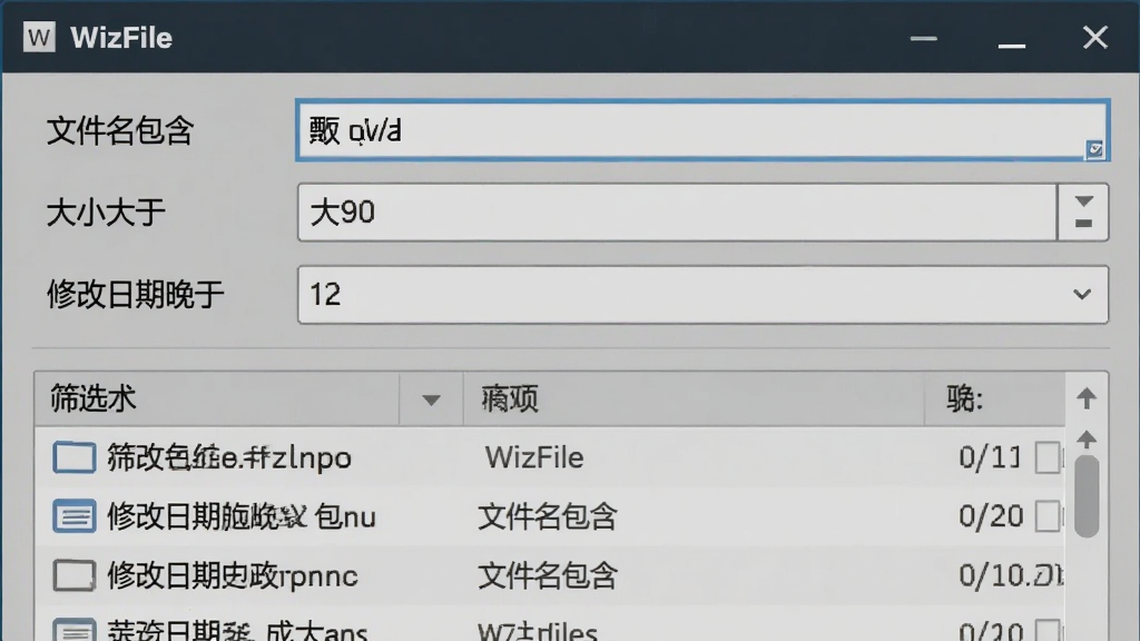 界面截图显示WizFile的高级筛选面板,包含“文件名包含”、“大小大于”、“修改日期晚于”等条件行,下方列出筛选结果,布局紧凑,排版清晰,风格写实,细节全面,画质干净,无多余元素