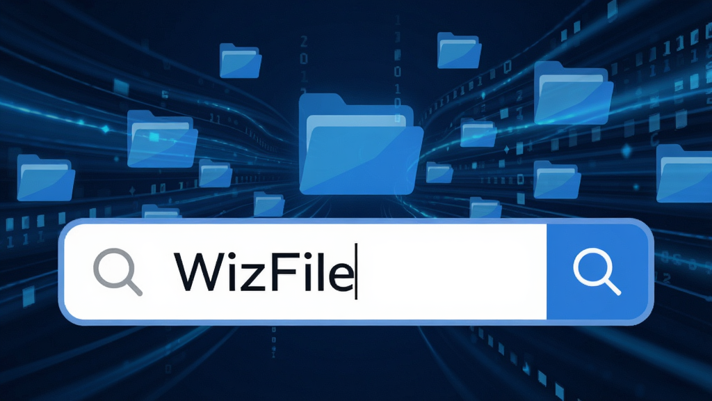 一条现代简约风格的主视觉横幅,前景是放大的搜索框,内部输入“WizFile”,背景为抽象高速流动的数字与文件夹图标,蓝色科技感光线交织,整体布局居中,排版干净,风格扁平化,细节丰富,画质清晰,无多余元素