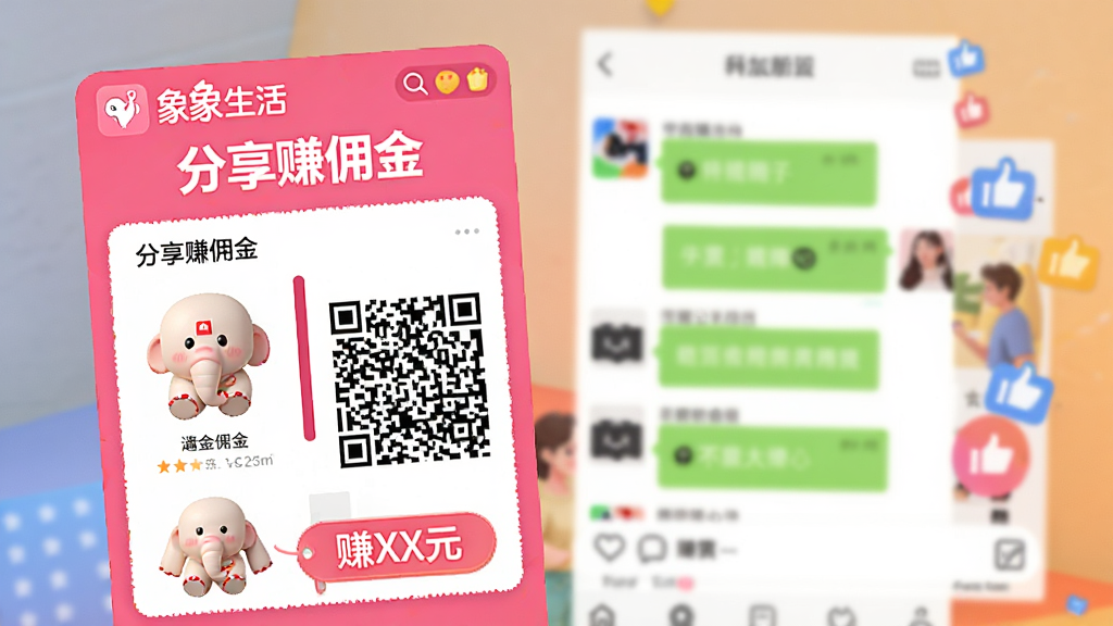 һ������罻���������ĸ���ͼ��ǰ���Ƿ�������APP�ġ�����׬Ӷ�𡱺�����ʽ��������Ʒͼ����ά���롰׬XXԪ����ǩ�������黯��������Լ�ɼ�΢��������������Ȧ����ͼ�ꡣ��ͼ��ǰ������Ϊ���壬����Ӫ���罻��Χ�����Ϊ�ִ�Ӫ���廭�磬ɫ�ʻ��ã�ϸ�ڷḻ������������