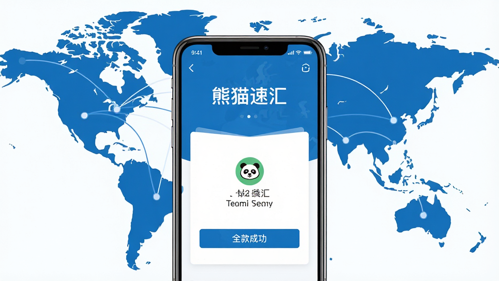 熊猫速汇应用主视觉图,画面中央是一部智能手机,屏幕显示熊猫速汇APP的汇款成功界面,背景是抽象的世界地图轮廓与连接线,代表全球汇款,整体采用蓝色与白色为主的科技感扁平设计,排版简洁大气,突出APP名称“熊猫速汇”,画质高清干净,无多余元素。