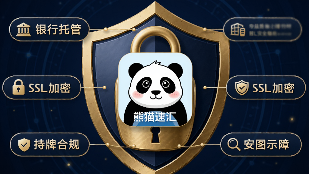 熊猫速汇资金安全保障示意图,画面背景为盾牌与锁的组合图形,中央悬浮熊猫速汇APP图标,四周环绕“银行托管”、“SSL加密”、“持牌合规”等文字标签,整体色调采用深蓝色与金色,传达安全可靠的氛围,画质精细,无多余元素。