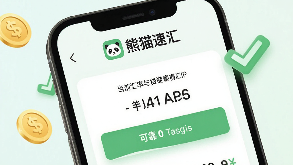 熊猫速汇APP汇率与手续费展示界面,手机屏幕上清晰显示当前汇率与0手续费提示,背景有金色硬币与绿色对勾图标,象征省钱与可靠,整体采用清新浅色背景,突出“熊猫速汇”logo,排版简洁,画质高清,无多余元素。