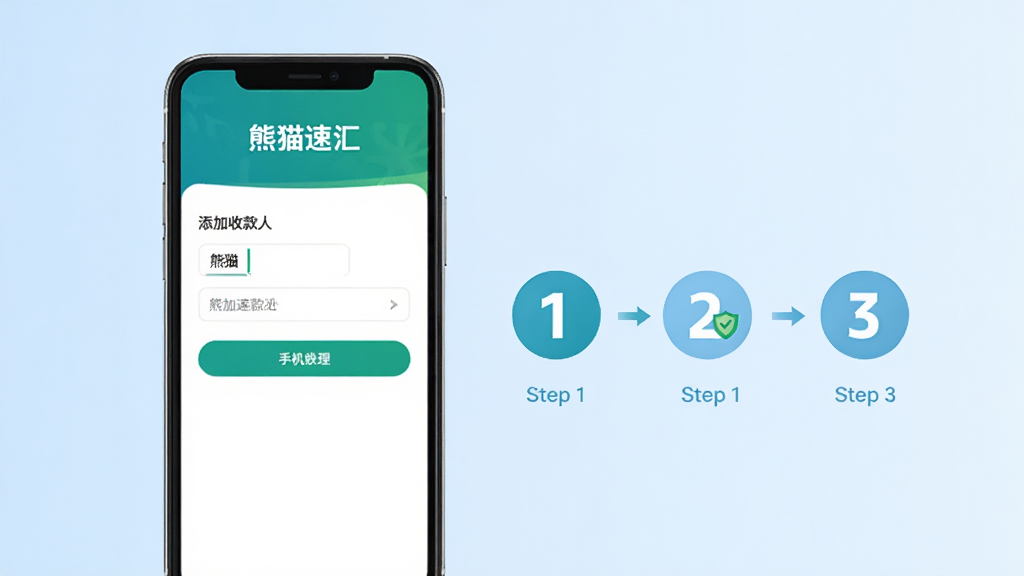 熊猫速汇手机操作步骤图,图中展示一部手机,屏幕上是“添加收款人”界面,旁边有步骤序号图标1-2-3,背景为淡蓝色渐变,整体风格简洁明了,强调操作的便捷与安全,突出“熊猫速汇”名称,画质清晰,无多余元素。
