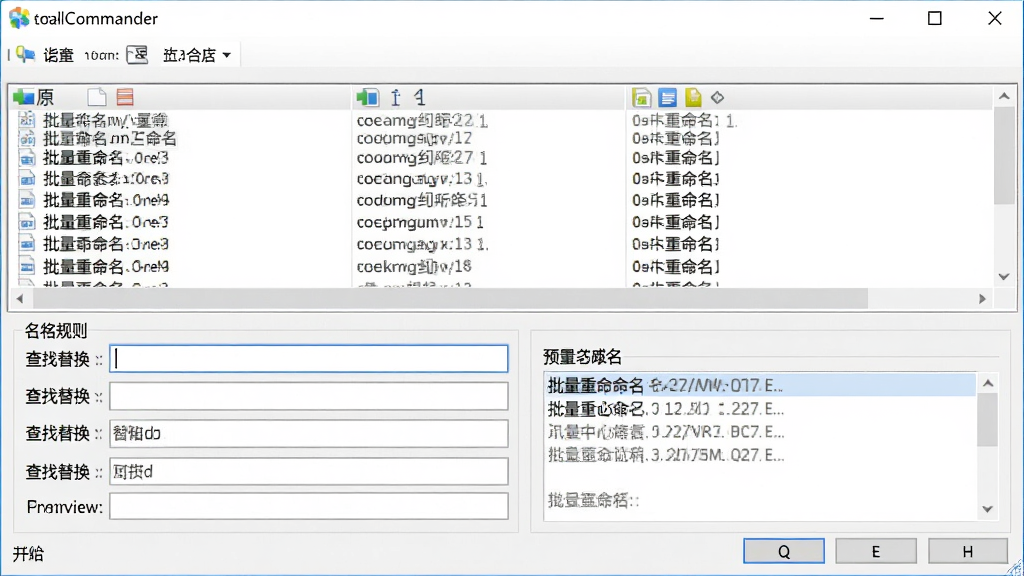 Total Commander 批量重命名设置面板, 主体为软件界面中批量重命名窗口, 上方为原文件名列表, 下方为命名规则设置区, 布局清晰展示查找替换输入框与预览区域, 风格为简洁界面截图风格, 细节显示文件名实时预览, 画质高清, 干净无多余元素, 文字标注