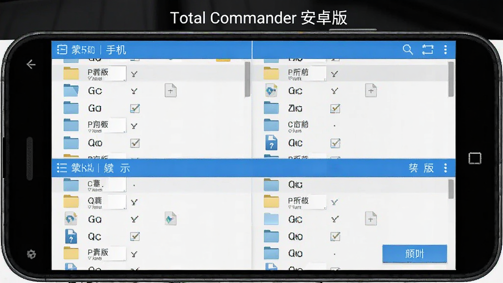 Total Commander 手机版操作界面示意图, 主体为智能手机屏幕显示Total Commander双窗口列表, 布局为上下排列的文件夹与文件列表, 风格为简洁手机截图风格, 细节展示文件图标与菜单按钮, 画质清晰, 干净无多余元素, 文字标注