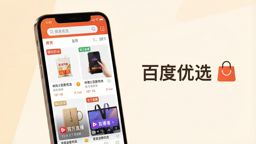 主体:手机屏幕展示百度优选APP界面,中央是商品瀑布流与直播入口卡片。布局:手机位于画面中心偏左,右侧空白处有“百度优选”字样与购物袋图标。排版:简洁明快,商品图片整齐排列,顶部搜索栏清晰可见。风格:写实结合扁平化,色彩明亮温暖。细节:屏幕内显示“限时秒杀”“官方直播”等标签,文字清晰可读。画质:高清渲染,干净无多余元素。