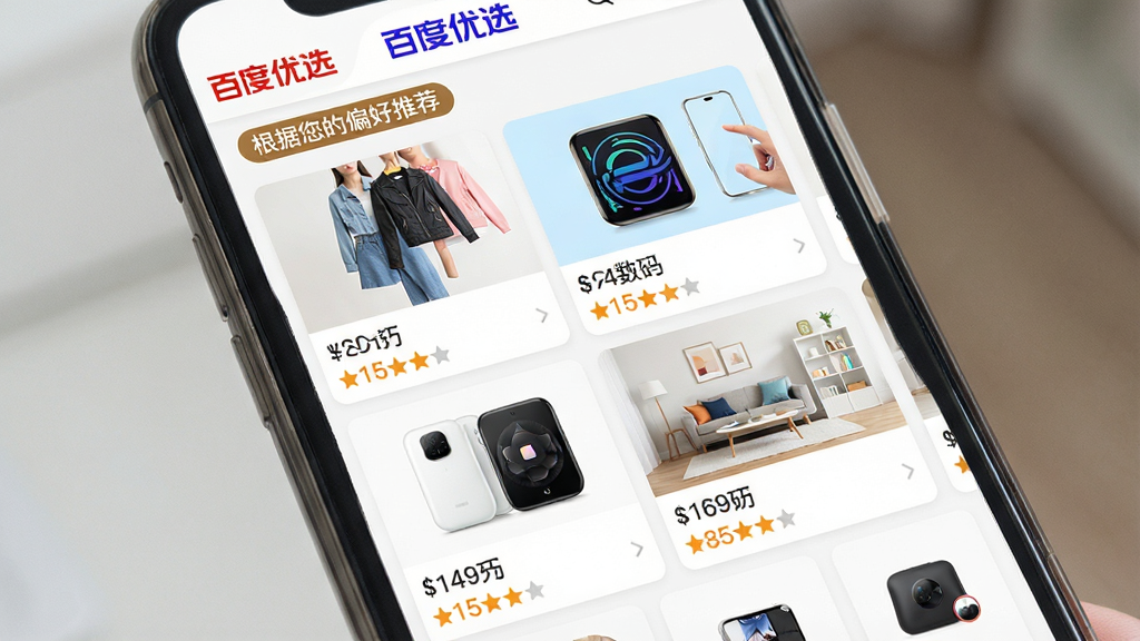 主体:手机界面展示“百度优选”智能推荐商品列表,包含服饰、数码、家居等多品类。布局:以卡片流形式纵向排列,每张卡片有商品图、价格与评分。排版:整齐的网格布局,视觉重心突出。风格:清新电商风,色彩明快。细节:推荐理由标签如“根据您的偏好推荐”,界面顶部有“百度优选”Logo。画质:细腻清晰,干净无多余元素。