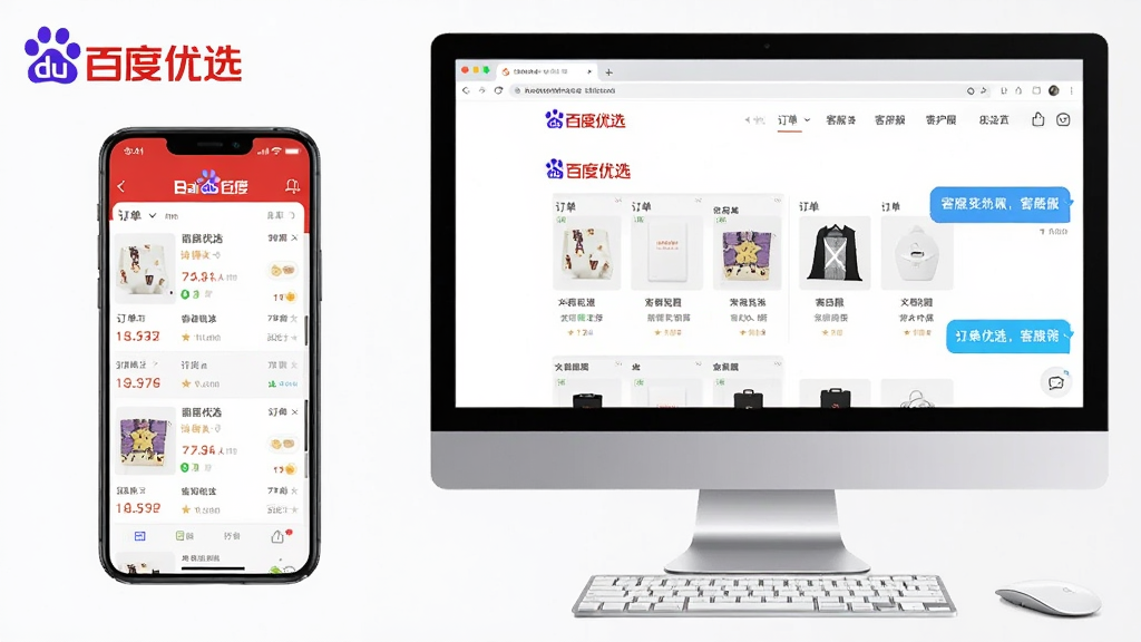 主体:智能手机与电脑并排放置,屏幕上显示百度优选APP和网页端界面。布局:手机在左,电脑在右,形成对比。排版:两台设备均展示商品页面,风格统一。细节:设备旁有“百度优选”字样,界面显示订单列表和客服对话。画质:高清,干净无多余元素。