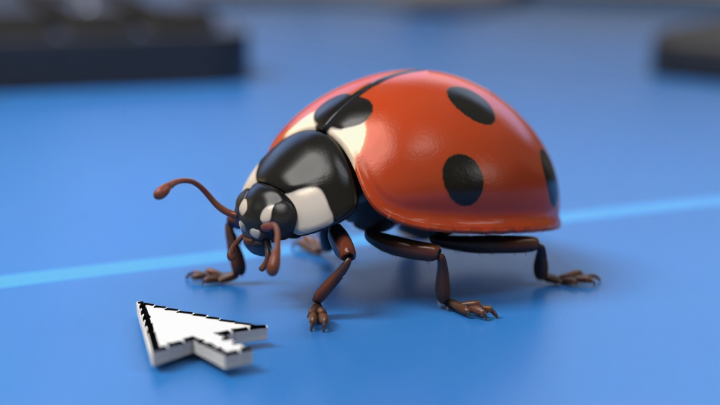 桌面瓢虫Ladybug on desktop的拟真动画特写,瓢虫正用细小的腿在蓝色Windows桌面上爬行,身体微微起伏,触角轻轻摆动,前方有鼠标指针,画面微距风格,细节精致,画质干净无多余元素