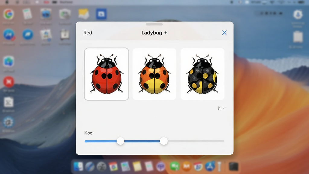 Ladybug on desktop的设置面板中展示多种颜色的瓢虫外观预览,包括红色、黄色和黑色,面板有尺寸滑块,背景是模糊的桌面壁纸,UI设计简洁现代,画质干净无多余元素