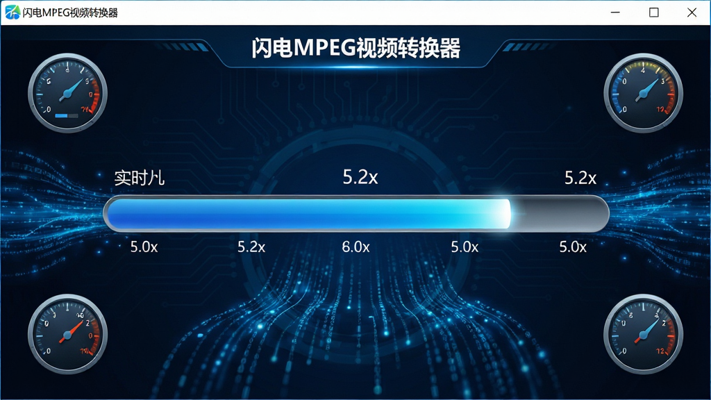 画面主体为“闪电MPEG视频转换器”转换进度界面,布局为全屏软件窗口展示,进度条处于高速填充状态,周围有速度仪表盘图标点缀。排版采用中心对称构图,风格为现代科技感,搭配蓝色数据流特效。细节表现:进度条上方显示实时转换速率“5.2x”,文件列表显示多个任务并行处理。画质高清锐利,干净整洁,无多余元素。