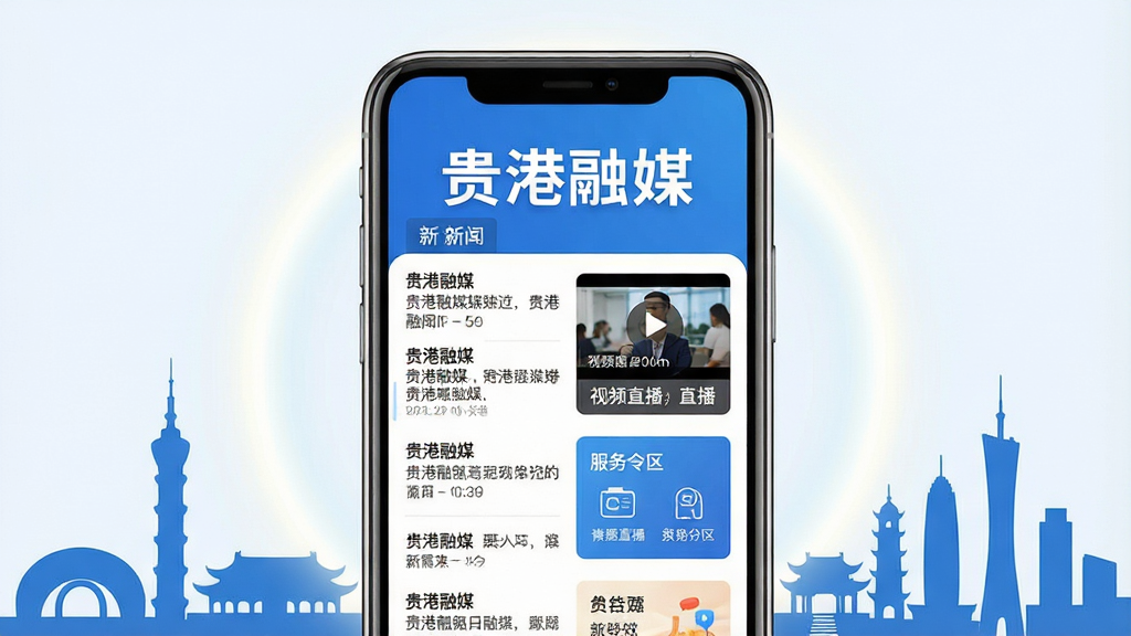 主体:手机屏幕展示贵港融媒App主界面,上方显示“贵港融媒”四个大字,界面包含新闻列表、视频直播、服务专区等模块。布局:手机居中,屏幕内容清晰可辨,周围有柔和的光晕和城市地标剪影。排版:界面信息层级分明,图文并茂。风格:现代扁平化,色彩以蓝色和白色为主,体现官方媒体的庄重与亲民。细节:屏幕中新闻标题使用“贵港融媒”字样,画面干净通透。画质:高清渲染,干净,无多余元素。