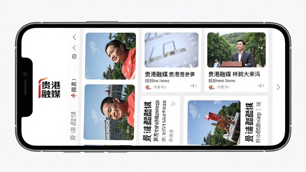 主体:贵港融媒App的新闻资讯页面,屏幕上显示多条新闻卡片,配有图片和标题。布局:手机横向放置,屏幕占据主视觉,左侧有“贵港融媒”Logo。排版:新闻列表清晰,标题突出,配图精美。风格:新闻类App常见的信息流设计,简洁明快。细节:新闻标题包含“贵港融媒”字样。画质:高清,干净,无多余元素。