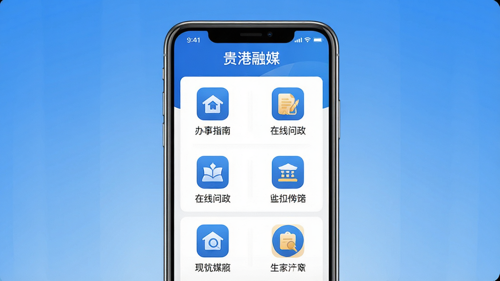 主体:手机屏幕显示贵港融媒App的政务服务页面,包含办事指南、在线问政等图标。布局:手机直立,背景为简洁的渐变蓝色。排版:功能图标排列整齐,文字清晰。风格:政务类App的严谨风格,蓝色调为主。细节:屏幕上方有“贵港融媒”字样。画质:高清,干净,无多余元素。