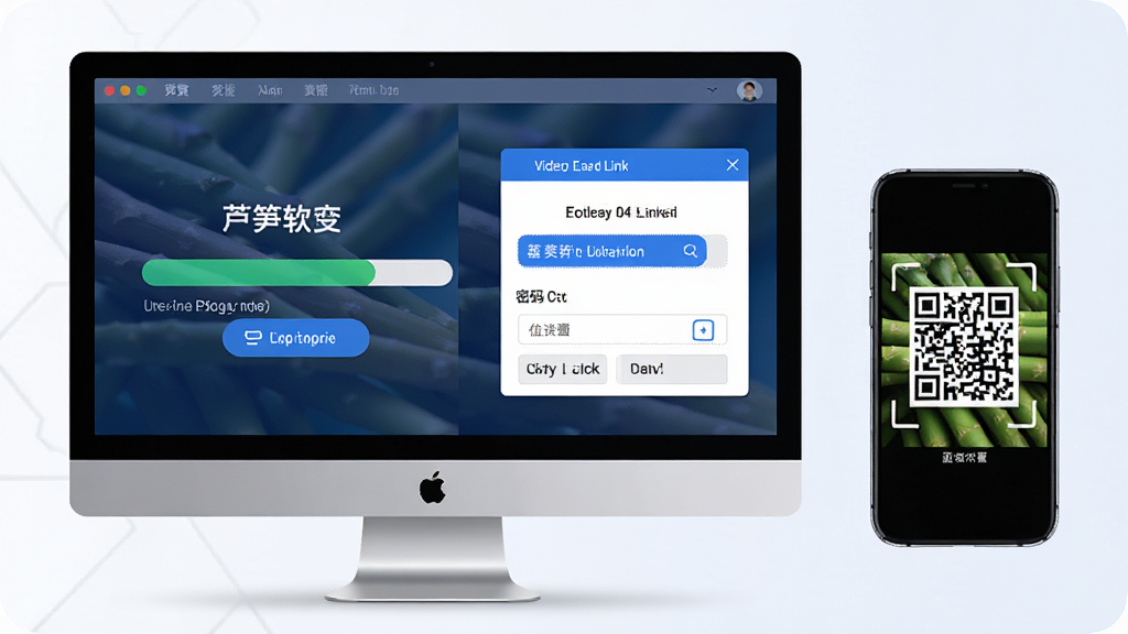 芦笋软件云存储功能示意图,主体为电脑屏幕显示视频上传进度条与生成链接窗口,旁边有手机扫描二维码预览视频,布局左右对称,排版清晰,风格科技感,细节包括链接复制按钮与密码设置选项,画质高清,无多余元素