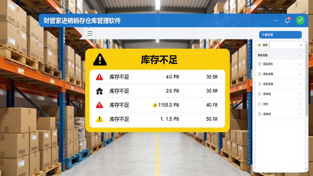 展示“财管家进销存仓库管理软件”的库存预警界面,画面中央有一个黄色警示框,显示“库存不足”的商品列表,背景是仓库货架,货架上放置着各类箱子,软件界面风格简洁,文字清晰,色彩明亮,画质干净。
