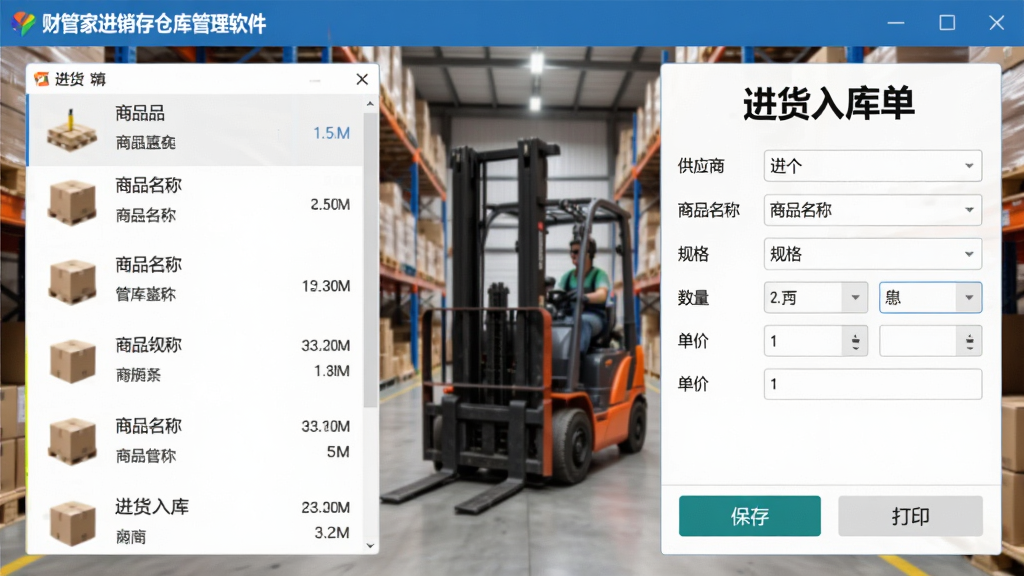 展示“财管家进销存仓库管理软件”的进货入库操作界面,画面左侧为商品列表,右侧为入库表单,包含供应商、商品名称、规格、数量、单价字段,底部有保存与打印按钮,背景为仓库实景,叉车与货架隐约可见,排版清晰,风格写实,细节丰富,文字“进货入库单”清晰显示,画质干净。