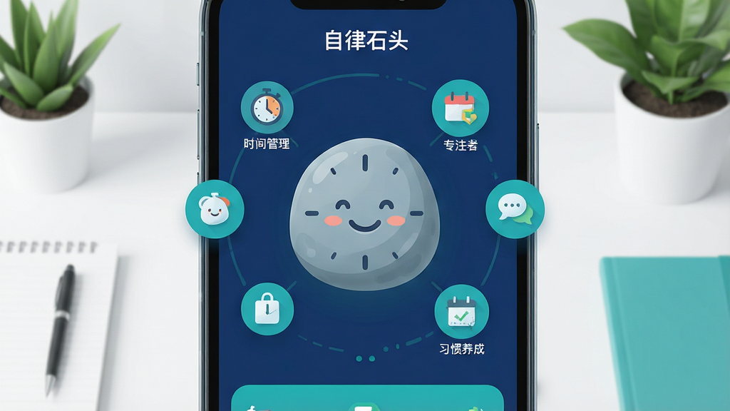 画面中央展示一款名为“自律石头”的手机应用界面,界面以深蓝色和青绿色为主色调,中央悬浮着一块圆润的石头图标,石头表面带有微笑表情和时针刻度,周围环绕着时间管理、专注、习惯养成等小图标,背景是干净整洁的书桌和绿植,风格扁平清新,UI设计精致,画质高清,简洁干净,无多余元素