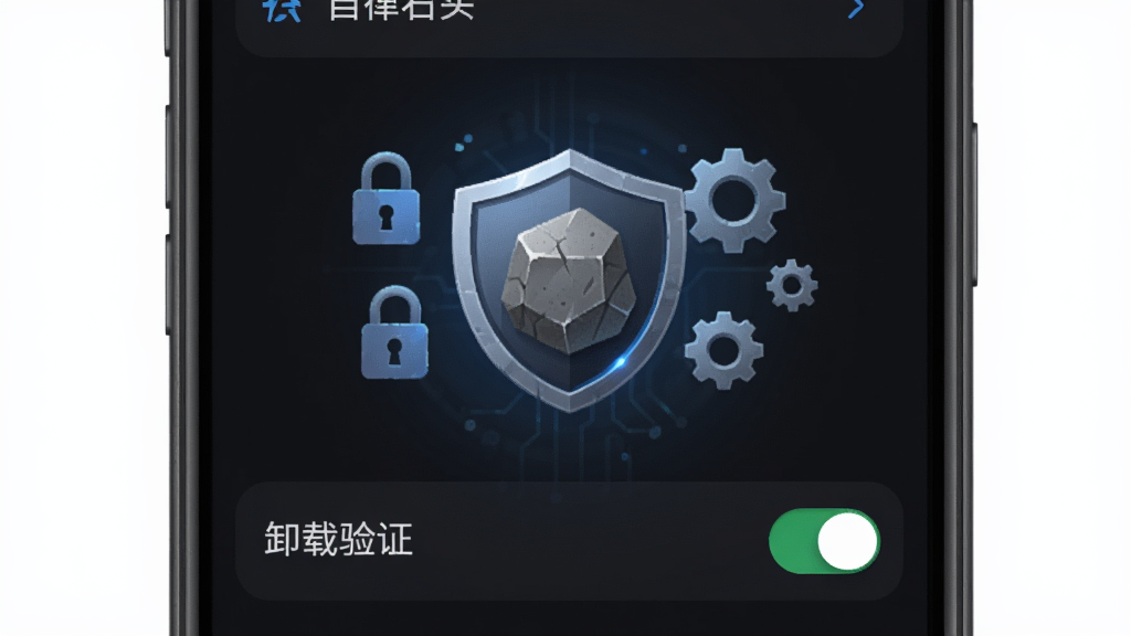 展示自律石头应用在手机系统设置中的权限管理界面,画面中显示“卸载验证”开关开启状态,背景是深色系统设置界面,中央有一个盾牌形状的石头图标,周围有锁和齿轮图案,风格科技感十足,UI清晰,画质干净,无多余元素