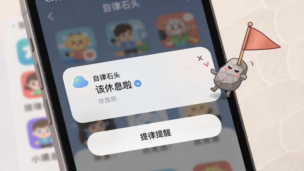展示自律石头应用在手机上弹出提醒通知的场景,通知卡片上写着“该休息啦”,背景是模糊的娱乐应用界面,一只卡通石头手举小旗帜,整体色调柔和,手机屏幕清晰显示“自律石头”名称与提醒按钮,构图突出主体,细节丰富,画质干净,无多余元素