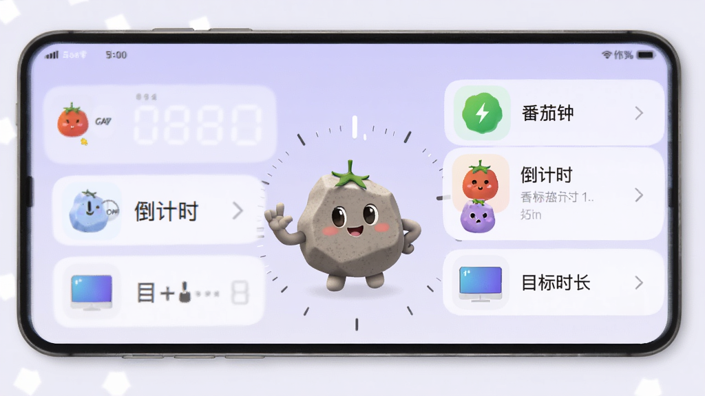自律石头应用界面展示专注模式选择页面,屏幕上列出番茄钟、倒计时、目标时长等选项,每个选项配有不同的彩色图标,背景是渐变的浅紫色,中央有一个拟人化的石头角色在计时,风格简约现代,UI元素清晰,画质细腻,干净无多余元素