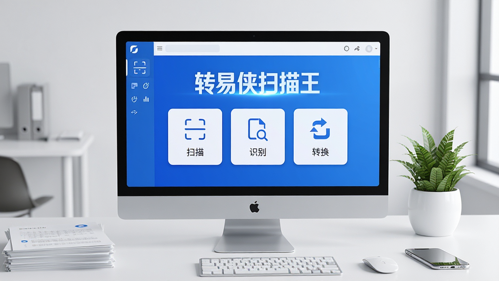 主体:转易侠扫描王软件主界面展示在电脑屏幕中央,背景为现代简约办公桌,周围有纸张、绿植和手机。布局:界面居于视觉中心,功能图标排列清晰。排版:屏幕中显示“扫描”“识别”“转换”等模块标签。风格:科技感与商务简洁结合,色调以蓝白为主。细节:界面文字清晰可读,高光突出“转易侠扫描王”名称。画质:高清渲染,干净整洁,无多余元素。