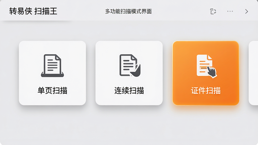 主体:转易侠扫描王多功能扫描模式界面,展示单页、多页、证件扫描选项。布局:功能卡片横向排列,每个卡片有图标和名称。排版:简洁大方,选中状态高亮。风格:浅灰背景,卡片投影柔和。细节:卡片上标注“单页扫描”“连续扫描”“证件扫描”文字。画质:高清渲染,无多余元素。