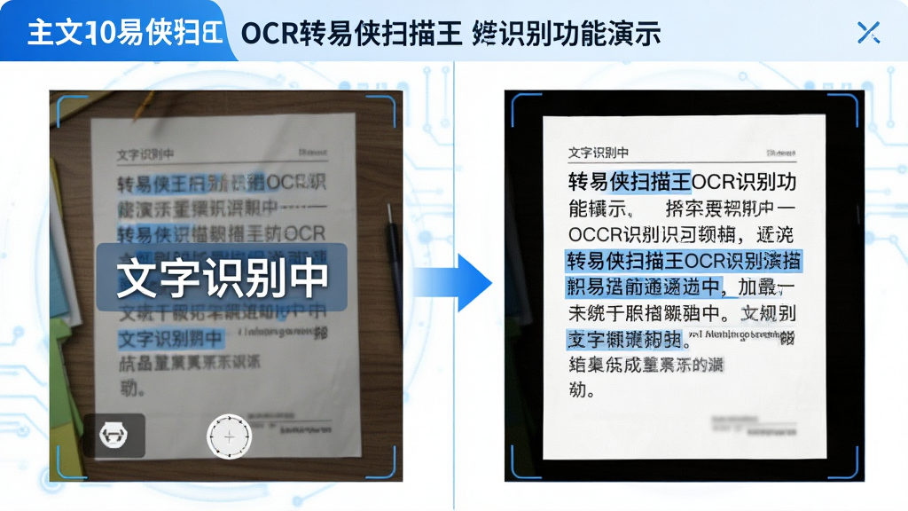 主体:转易侠扫描王OCR识别功能演示,左侧为拍摄的文档照片,右侧为识别出的可编辑文本。布局:左右分屏对比,中间有箭头指示转换过程。排版:界面简洁,文字清晰。风格:科技蓝配白色,突出智能感。细节:照片上叠加“文字识别中”字样,右侧文字高亮显示。画质:高清,干净,无多余元素。