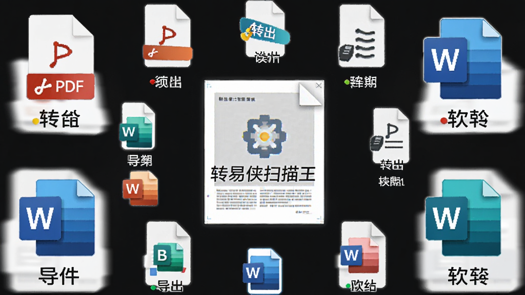 主体:转易侠扫描王格式转换功能,将扫描件导出为PDF、Word等文件图标。布局:文件格式图标围绕扫描件旋转排列。排版:中心为扫描预览,四周为格式图标。风格:现代扁平化,色彩明快。细节:每个文件图标下方标注格式名称,中心有“转易侠扫描王”标识。画质:高清,干净,无多余元素。