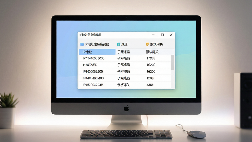 主体:一款界面简洁的IP地址信息查询软件界面,显示在电脑屏幕上。布局:画面中央是软件主窗口,窗口内有清晰的数据列表,展示“IP地址”、“子网掩码”、“默认网关”等标签。排版:软件窗口位于视觉中心,背景为干净的纯色或淡雅渐变,突出软件内容。风格:扁平化设计与现代感UI,图标线条流畅。细节:屏幕周围有柔和的办公环境光晕,键盘鼠标作为陪衬,软件窗口内的文字“IP地址信息查询器”清晰可见。画质:4K高清,干净,无多余元素。