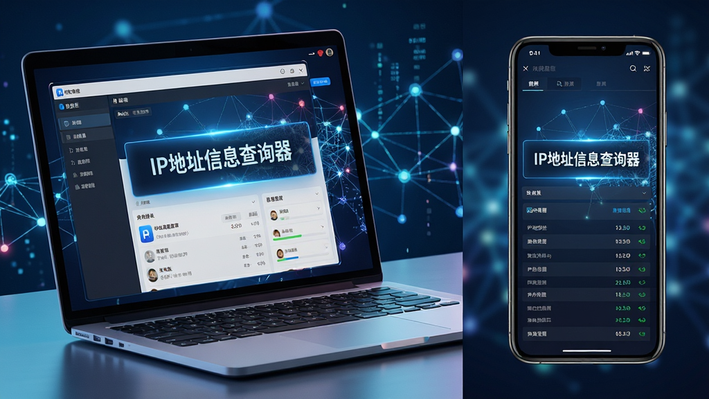 主体:笔记本和手机屏幕上同时显示IP地址信息查询器的运行界面。布局:左右分屏构图,左侧为笔记本电脑,右侧为智能手机,两者屏幕中均展示软件的详细数据页面。排版:设备斜向摆放,画面富有科技感。风格:写实风格与数字光效结合。细节:屏幕上的软件界面高亮显示“IP地址信息查询器”,背景为抽象的数字网络节点连接图形。画质:高分辨率,色彩鲜艳,干净,无多余元素。
