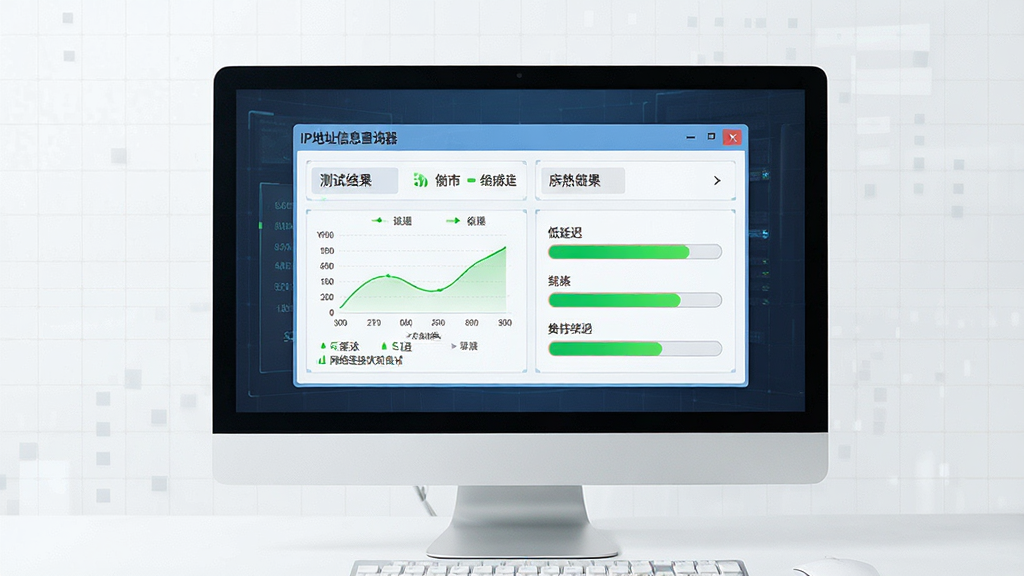 主体:一台电脑屏幕上显示“IP地址信息查询器”正在进行网络连通性测试。布局:测试结果以图表和进度条形式展示在软件窗口内。排版:窗口居中,周围有淡淡的网格背景。风格:简洁的科技报告风格。细节:屏幕中显示低延迟的绿色信号,表示网络连接状况良好。画质:高清,明亮清晰,干净,无多余元素。