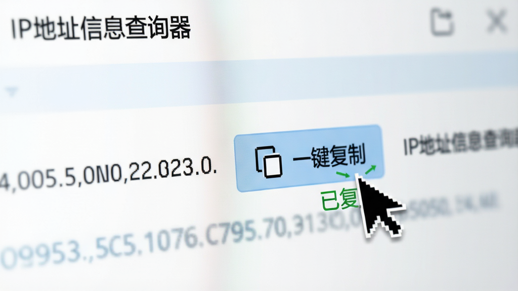 主体:一只鼠标指针悬停在“IP地址信息查询器”软件的“一键复制”按钮上。布局:特写镜头,聚焦软件界面中的一行数据与复制按钮。排版:背景虚化,突出按钮位置。风格:浅色清爽的UI风格。细节:复制按钮上有一个形象的复制图标,点击后出现“已复制”的绿色小字提示。画质:超清画质,聚焦精准,干净,无多余元素。