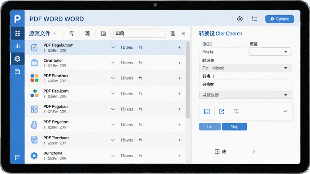 图片展示PDF转WORD工具的主界面,左侧为源文件列表,右侧为清晰的转换设置选项,界面简洁现代,采用蓝白配色,字体清晰,整体明亮干净,专业软件风格,高画质,无多余元素
