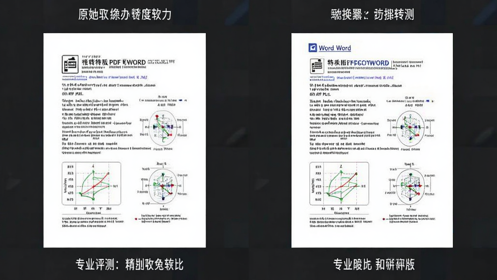 特写PDF转WORD工具进行版面还原的对比效果图,左侧为原始PDF页面,右侧为转换后的Word文档,两者排版完全一致,文字、图表清晰对应,画面干净,突出软件的高精度转换能力,专业评测风格,高画质