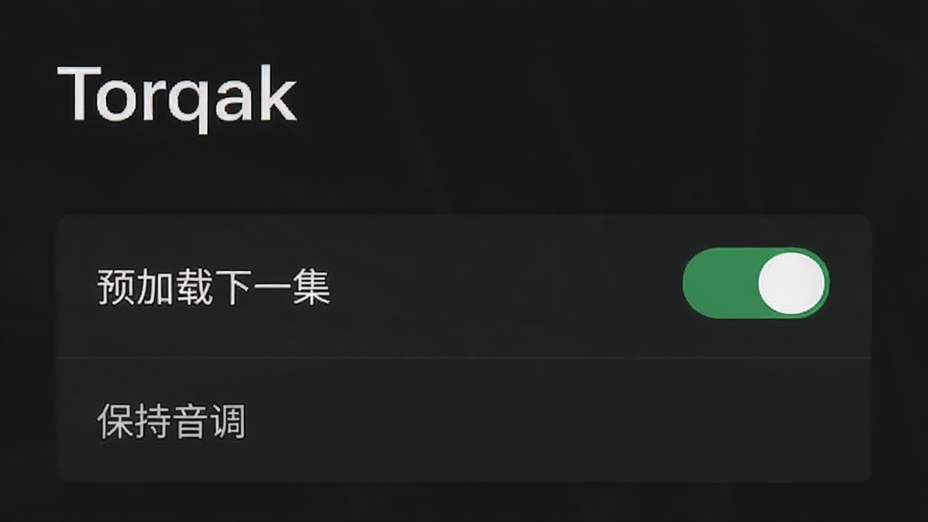 Torqak 设置界面,显示“预加载下一集”开关已开启,下方有“保持音调”选项,背景为深色设置菜单,整体界面清爽,干净无多余元素