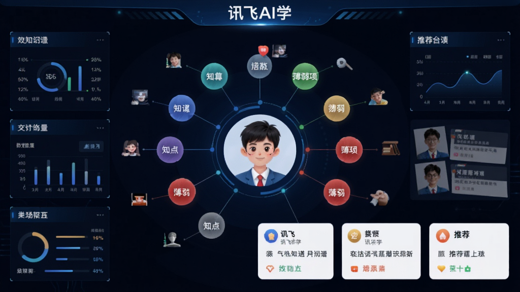 主体为“讯飞AI学”AI知识图谱界面,中心是学生头像,周围分布彩色节点代表知识点,红色标记薄弱项,布局为放射状,排版清晰,风格科技感强,细节有数据面板和推荐内容卡片,画质高清干净,无多余元素,文字标注“讯飞AI学”