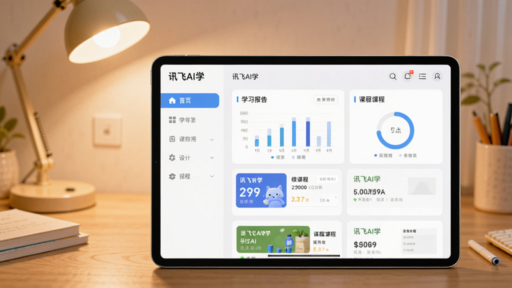 画面主体为“讯飞AI学”APP界面在平板电脑上展示,背景是温馨的书桌和台灯,界面显示学习报告和课程列表,布局采用左右分栏,左侧导航右侧内容,风格清新明亮,细节包括图表和进度环,画质高清干净,无多余元素,文字标注“讯飞AI学”
