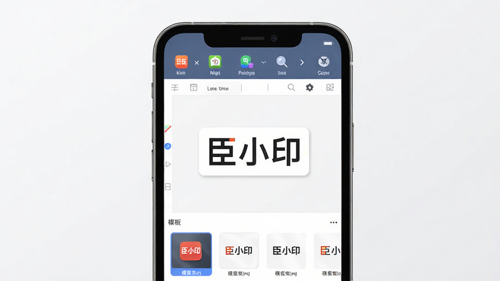 臣小印软件主界面预览图,主体为手机屏幕显示臣小印APP的标签编辑页面,布局上方为功能工具栏,中间为画布区展示“臣小印”字样标签预览,下方为模板选择栏,排版整洁,风格现代简约,细节包括色彩鲜艳的图标和清晰的文字,画质高清干净,无多余元素
