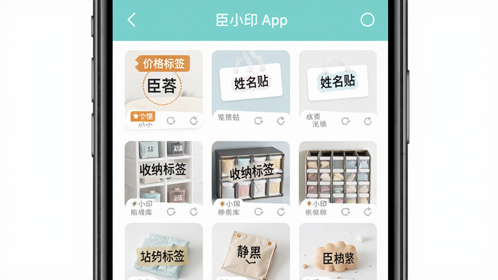 臣小印智能模板库预览图,主体为手机屏幕展示臣小印APP的模板分类界面,布局为网格状模板缩略图,排版整齐,风格清新明快,细节包括“价格标签”、“姓名贴”、“收纳标签”等分类字样,画质清晰,无多余元素