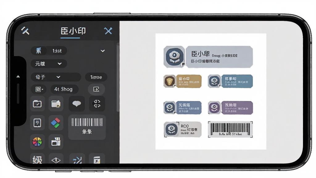 臣小印编辑工具功能展示图,主体为手机屏幕显示臣小印APP的编辑界面,左侧为元素添加栏,右侧为画布上的标签设计,布局合理,风格专业,细节包括字体设置、图标选择、条码生成选项,画质清晰,无多余元素