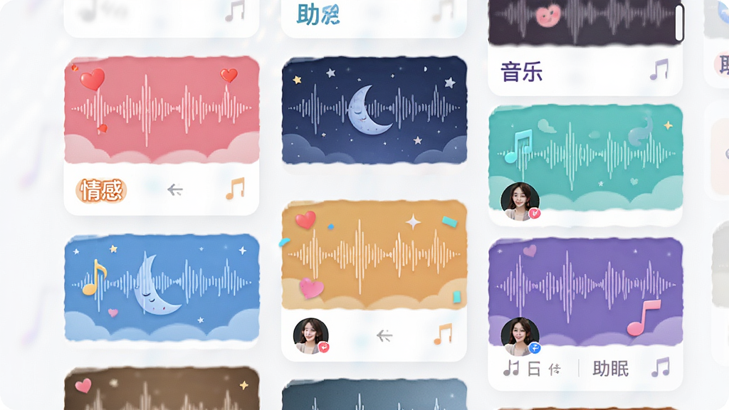 声漫时光APP的声音广场界面预览图,画面主体为瀑布流形式的声音卡片,卡片上配有动态的音频波形图案与主播头像,布局错落有致,排版简洁明快,风格清新活泼,细节上突出不同类别的内容标签,如“情感”、“助眠”、“音乐”,画质高清,整体干净且无多余元素